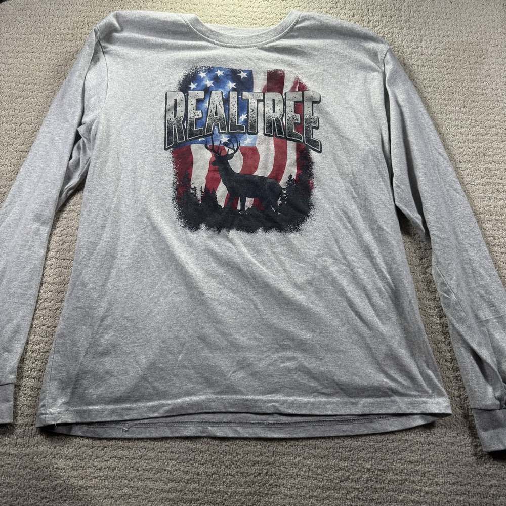 Real Tree Men's Patriotic Long Sleeve T-shirt‎ Gray Size Large